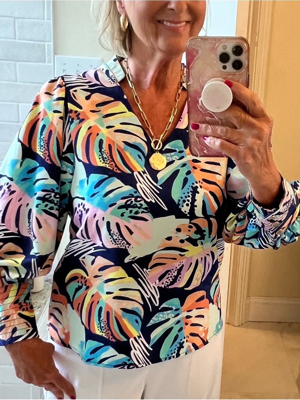 Navy Tropical Leaf V-Neck Blouse - Multicolor